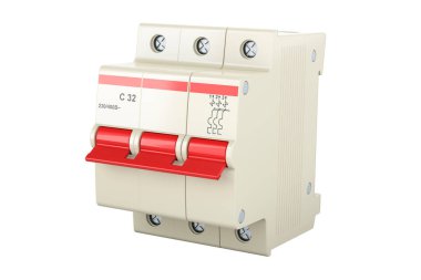 Üç direkli minyatür devre kesici, yakın plan. Beyaz arkaplanda 3B görüntüleme izole edildi