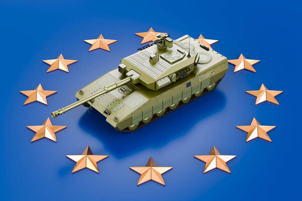 Танк на флаге Европейского Союза. 3D рендеринг 