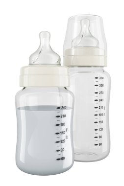 Boş ve dolu bebek şişeleri, beyaz arkaplanda 3 boyutlu görüntüleme