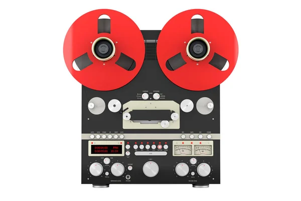 Retro reel-to-reel tape recorder, front view. 3D rendering isolated on white background