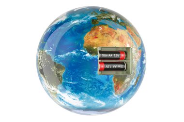 İçinde piller olan Dünya Küresi. Yenilenebilir enerji kavramı. Beyaz arkaplanda 3B görüntüleme izole edildi 