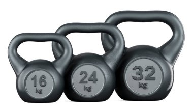 Kettlebell seti 16, 24, 32 kg, 3D görüntüleme beyaz arka planda izole edildi