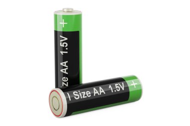 İki batarya boyutunda AA, üç boyutlu görüntüleme beyaz arkaplanda izole edildi