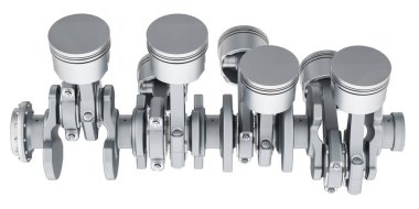 V8 motor pistonları ve dişliler, yan görüş. Beyaz arkaplanda 3B görüntüleme izole edildi
