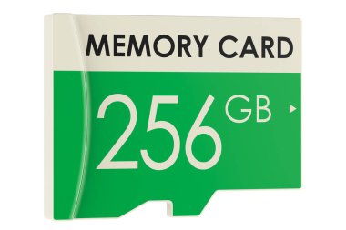 Hafıza kartı, 256 GB. Beyaz arkaplanda 3B görüntüleme izole edildi