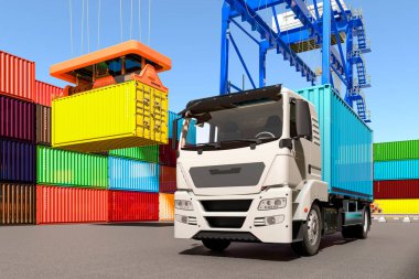 Konteynır limanında kargo konteynırı olan konteynır kamyonu, 3 boyutlu görüntüleme