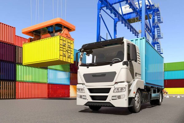 Container truck with cargo container in container port, 3D rendering