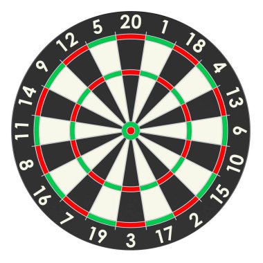 Boş dart tahtası, ön manzara. Beyaz arkaplanda 3B görüntüleme izole edildi