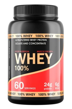 whey Protein Tozu kavanozu, 3 boyutlu görüntüleme beyaz arkaplanda izole edildi