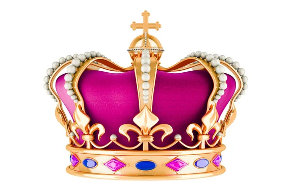 Golden Royal Crown Απόδοση Απομονωμένη Λευκό Φόντο — Φωτογραφία Αρχείου