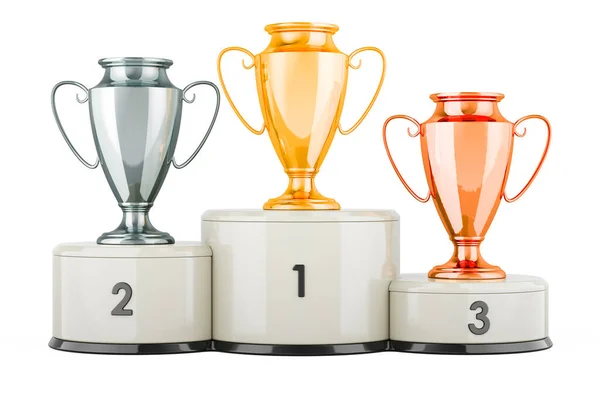 Golden Silver Bronze Trophy Cups Pedestal Rendering Isolated White Background — Stock Photo, Image