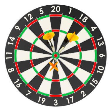 Dartboard ve oklar tam isabet, ön manzara. Beyaz arkaplanda 3B görüntüleme izole edildi