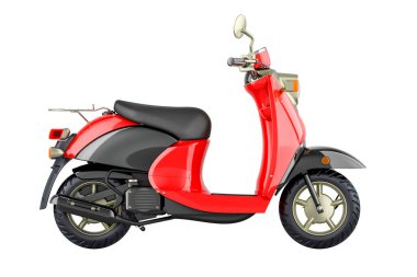 Motosiklet, scooter. Kırmızı renk, yan görüş. Beyaz arkaplanda 3B görüntüleme izole edildi