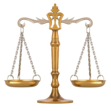 Adalet terazisi, ön görüş. Beyaz arkaplanda 3B görüntüleme izole edildi 
