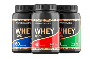 Beyaz arkaplan üzerinde izole edilmiş 3 boyutlu, beyaz Protein Toz Kavanozları kümesi