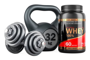 Dambıllar, Kettlebell ve Beyaz Protein Toz Kavanozu, beyaz arkaplanda 3 boyutlu görüntüleme