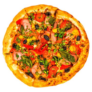 Pizza, üst manzara. Beyaz arkaplanda izole edilmiş gerçekçi dokuya sahip 3d görüntüleme