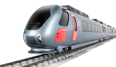 Raylarda yüksek hızlı tren. Beyaz arkaplanda 3B görüntüleme izole edildi