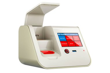 Hızlı COVID-19 testi için bir cihaz. Kutudaki laboratuvar testi, beyaz arkaplanda 3 boyutlu görüntüleme