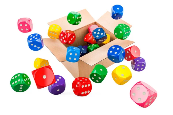 着色されたギャンブルのダイスが付いている確率理論の概念 白い背景で隔離される3Dレンダリング — ストック写真