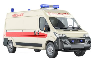 Ambulans, ambulans. Beyaz arkaplanda 3B görüntüleme izole edildi