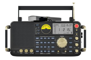 Masaüstü Alıcısı. Mobil masaüstü çift-dönüşüm alıcısı FM Stereo, Long Wave, Medium Wave, Short Wave, VHF Air-band. Beyaz arkaplanda 3B görüntüleme izole edildi