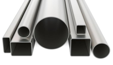 Yuvarlak borular, kare borular, yuvarlanmış metal. Beyaz arkaplanda 3B görüntüleme izole edildi