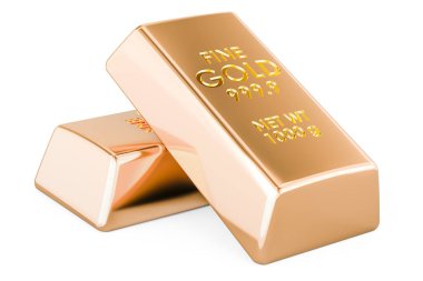 İki külçe altın, altın külçe, altın külçe, altın külçe. Beyaz arkaplanda 3B görüntüleme izole edildi