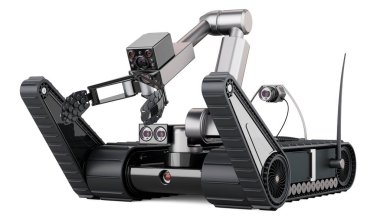 Bomba imha robotu. Beyaz arkaplanda 3B görüntüleme izole edildi