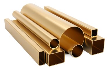 Soğuk rulo metal. Yuvarlak borular ve kare borular, bakır, bronz veya pirinçten. Soğuk rulo metal. Şeffaf arkaplanda 3B görüntüleme izole edildi