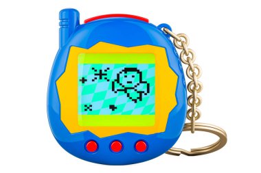 Evcil hayvanların cep oyunu. Tamagotchi oyunu, beyaz arkaplanda 3 boyutlu görüntüleme