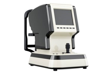 Otomatik Refraktometre, Otomatik Keratometre. Beyaz arkaplanda 3B görüntüleme izole edildi