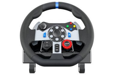 Oyun direksiyonu, yarış tekerleği. Beyaz arkaplanda 3B görüntüleme izole edildi