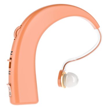 İşitme cihazı, yeniden şarj edilebilir dijital işitme yükseltici, beyaz arkaplanda 3 boyutlu görüntüleme