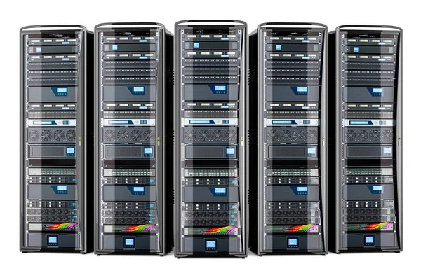 Computer Server Racks, front view. 3D rendering isolated on white background