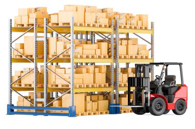 Palet rafları ve karton kutularla dolu depo forklift kamyonu, beyaz arka planda 3 boyutlu görüntüleme