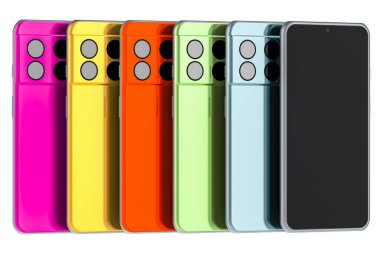 Renkli akıllı telefonlar arka ve ön görüntüler, modern cep telefonları, cep telefonları. Beyaz arkaplanda 3B görüntüleme izole edildi 