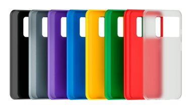 Akıllı telefonlar için renkli silikon kutuları. Cep telefonu kılıfları, beyaz arkaplanda 3 boyutlu görüntüleme