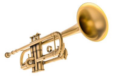 Trompet, müzik aleti. Beyaz arkaplanda 3d görüntüleme izole edildi
