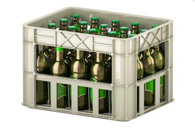 Bira şişeleri, beyaz arka plan üzerinde izole 3d render ile sandık