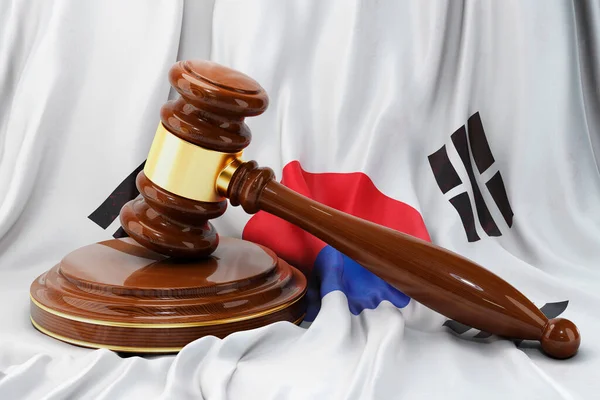 Концепция Южнокорейского Права Правосудия Деревянный Молоток Флаге Южной Кореи Рендеринг — стоковое фото