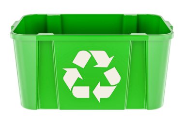 Yeşil geri dönüşüm kutusu, ön manzara. Beyaz arkaplanda 3B görüntüleme izole edildi