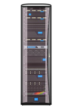 Bilgisayar Sunucusu Rack, ön görünüm. Beyaz arkaplanda 3B görüntüleme izole edildi
