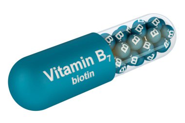 B7 vitamini kapsülü, biyotin. Beyaz arkaplanda 3B görüntüleme izole edildi