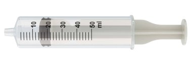 Şırınga 50 ml, yan görüş. Beyaz arkaplanda 3B görüntüleme izole edildi
