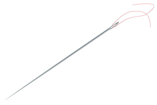 Швейная игла с ниткой, 3D рендеринг изолирован на белом фоне