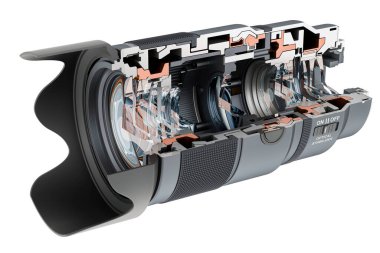Kamera mercek görünümünün çapraz bölümü, beyaz arkaplanda üç boyutlu görüntüleme