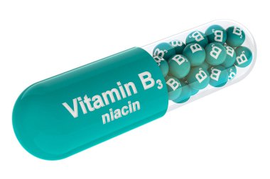 B3 vitamini kapsülü, niasin. Beyaz arkaplanda 3B görüntüleme izole edildi