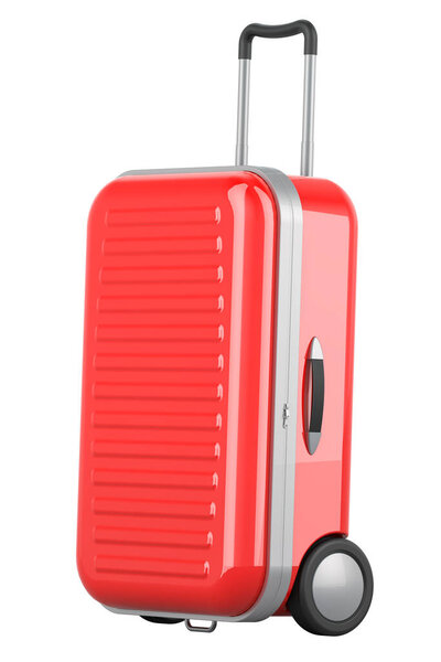 Красный жесткий багаж с прядильными колёсами и телескопической ручкой, 3D-рендеринг изолирован на белом фоне