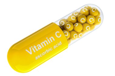 C vitamini kapsülü, askorbik asit. Beyaz arkaplanda 3B görüntüleme izole edildi